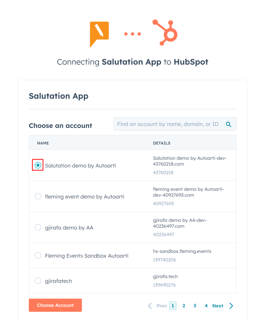 Hubspot OAuth Choose Account